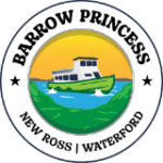 Logo of "Barrow Princess" featuring a boat on water with green foliage, blue waves, and an orange sun in the background. Text reads "Barrow Princess" at the top and "New Ross | Waterford" at the bottom, with stars on either side.