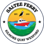 Logo of Saltee Ferry showing a red boat on blue water, surrounded by green hills with a puffin above. The text reads "Saltee Ferry, Kilmore Quay Wexford, Est. 1935" encircled by a white border with black stars.