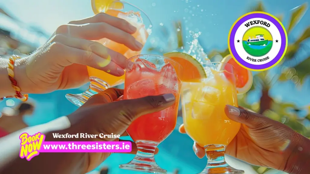 Three people clink colourful cocktails by a pool under bright sunlight. The image advertises Wexford River Cruise, showing its logo and website, www.threesisters.ie, with a “Book Now” button in the lower left corner.