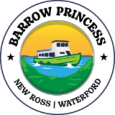 Logo of "Barrow Princess" featuring a boat on water with green foliage, blue waves, and an orange sun in the background. Text reads "Barrow Princess" at the top and "New Ross | Waterford" at the bottom, with stars on either side.