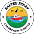 Logo of Saltee Ferry showing a red boat on blue water, surrounded by green hills with a puffin above. The text reads "Saltee Ferry, Kilmore Quay Wexford, Est. 1935" encircled by a white border with black stars.